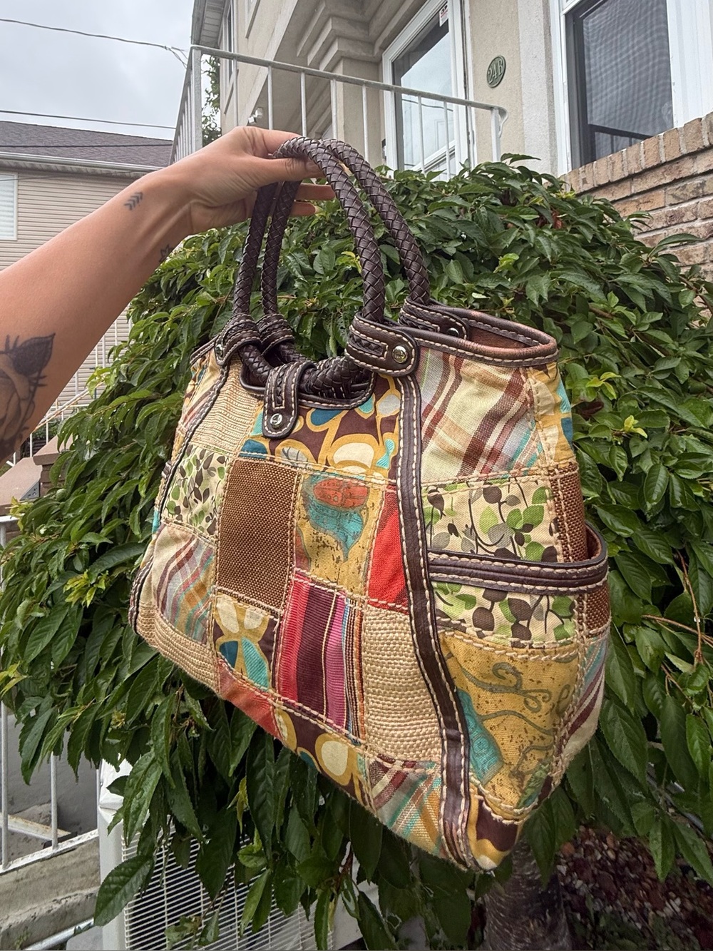 Vintage Fossil Patchwork Tote Bag Y2K Boho Leather Trim Shoulder Bag EUC - Picture 2 of 7